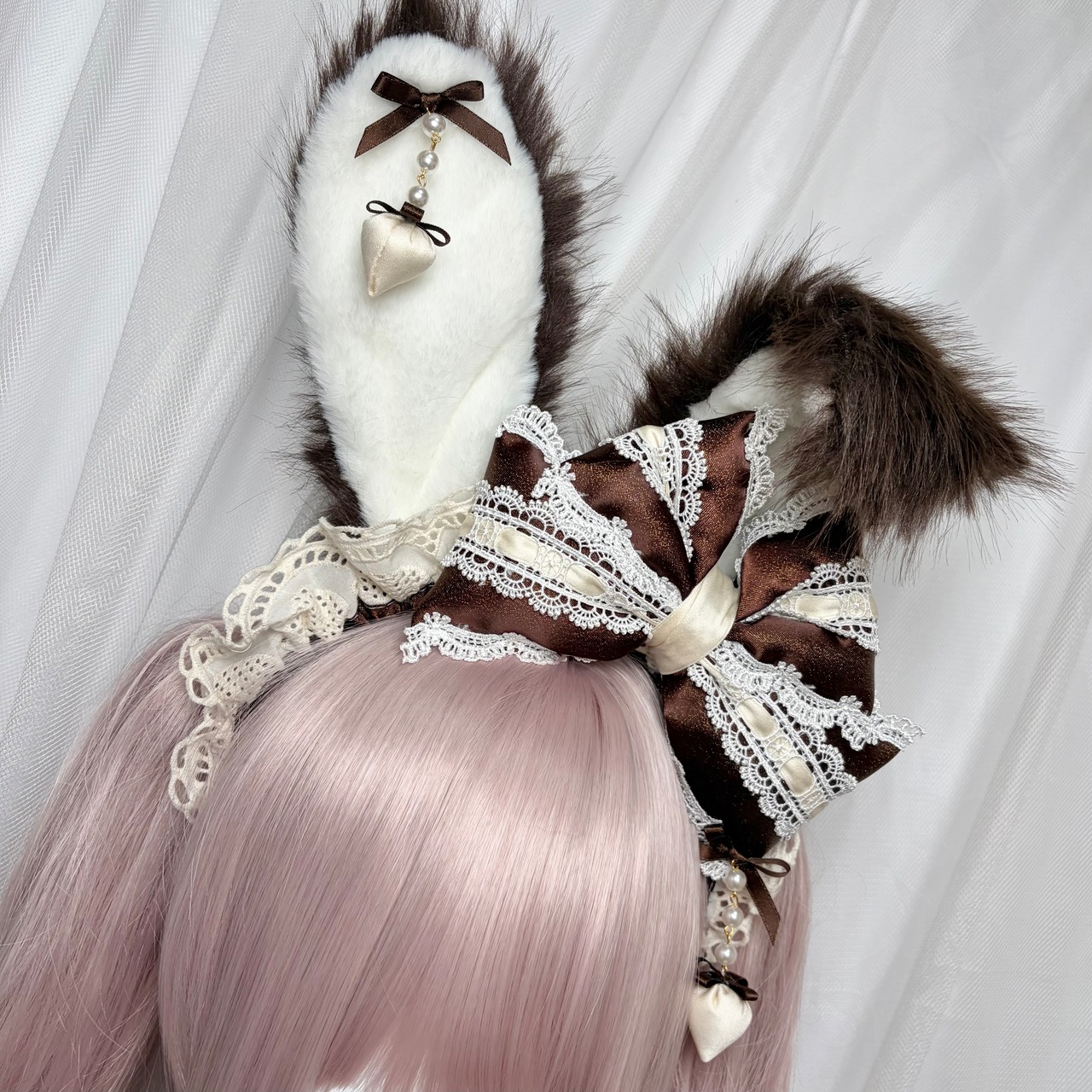 ♡【MAID】Strawberry ドット柄リボン 変幻自在うさみみフリルカチューシャ 3way chocolate×cream ♡