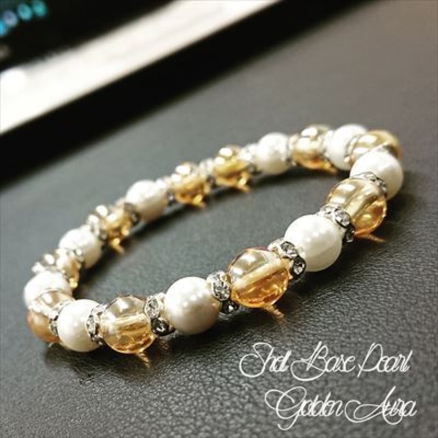 【魅力と才能発揮】天然石 シェルパール＆ゴールデンオーラ ブレスレット [8mm]