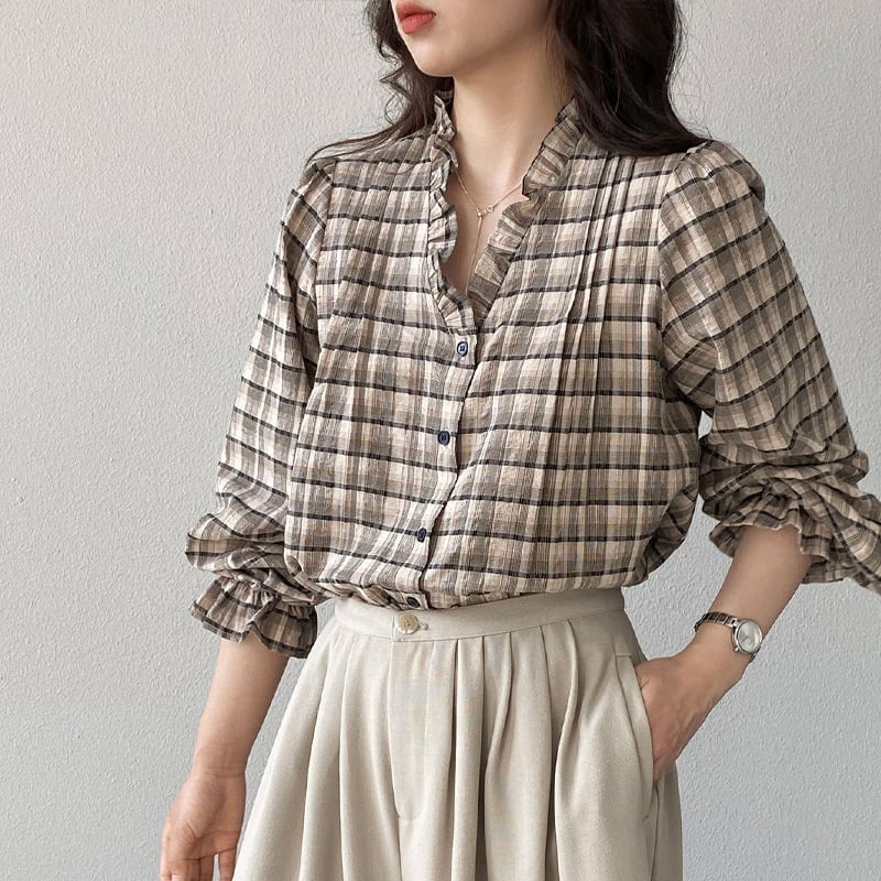 【tops】ギャザーフリル付きチェック柄トップス Q8281
