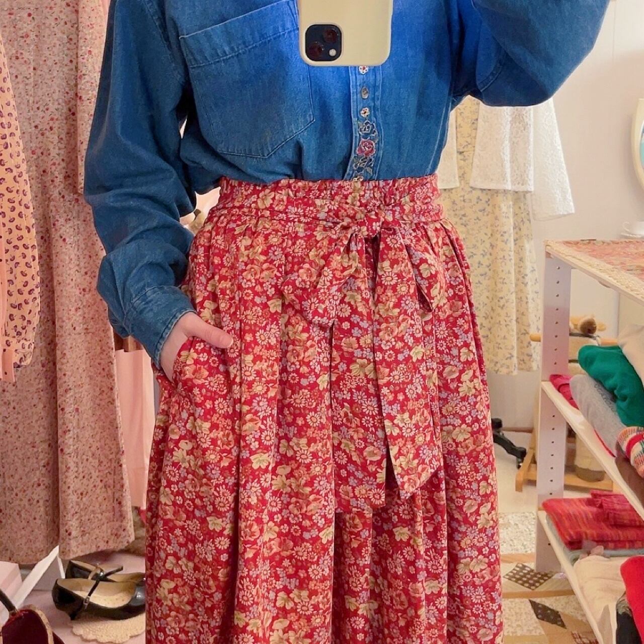 red flower waist ribbon skirt