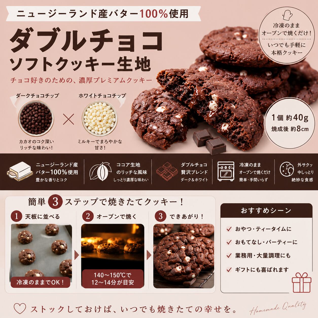 冷凍 クッキー生地 (ダブルチョコ＆ミルク Chocolate&Milk) 40g×10枚