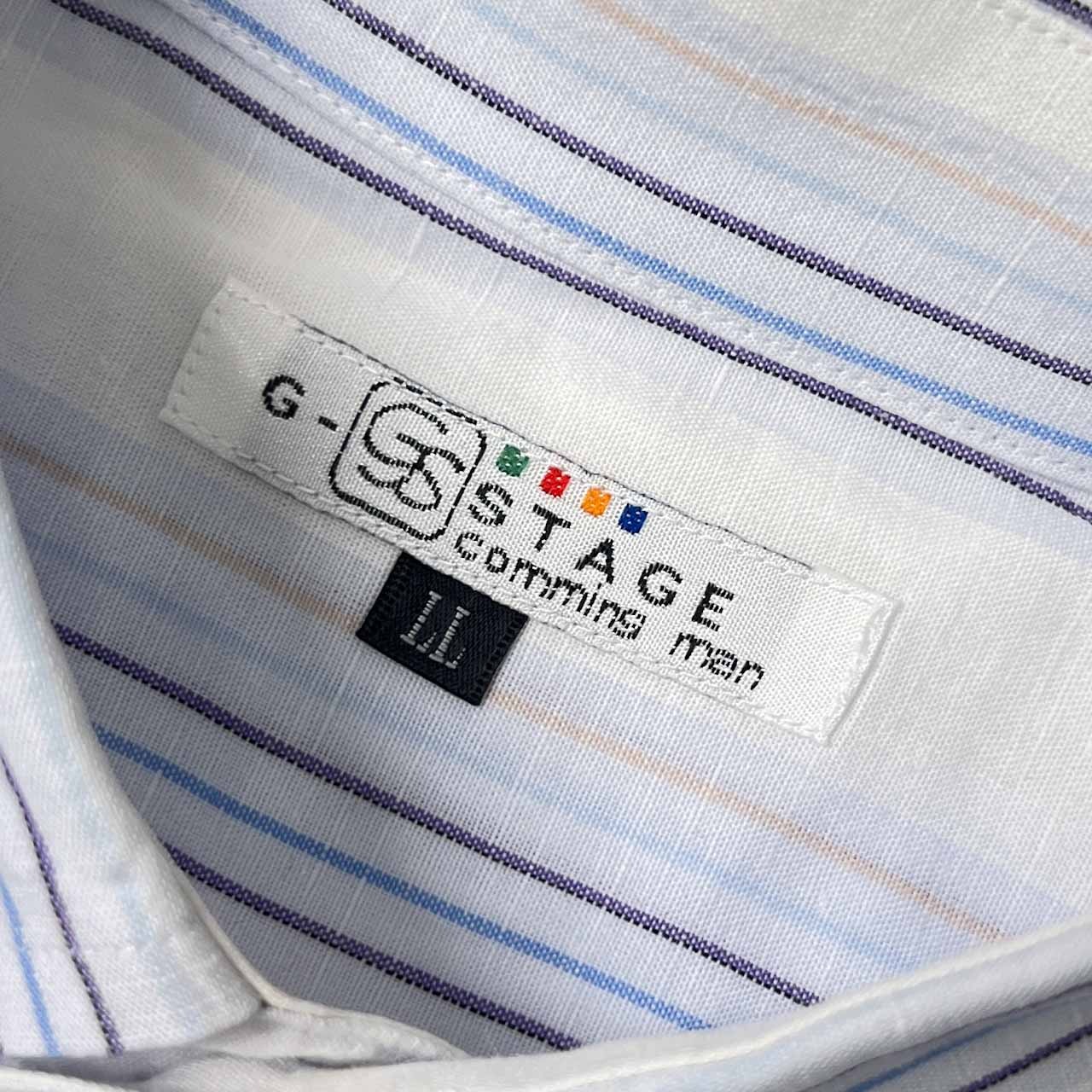 リネン混 G-STAGE comming man ジーステージ ストライプ BD ボタンダウン 半袖シャツ LL/マルチ メンズ