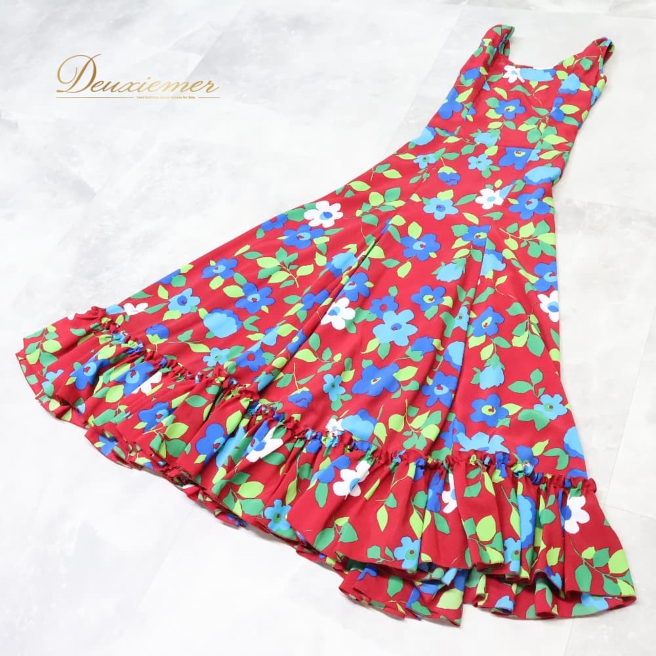 フラメンコ 衣装 ドレス ワンピース レッド系 グリーン系 ブルー系 赤 青 花柄 レトロ ボランテ フリル ダンス パーティ 発表会 レディース ノースリーブ 舞台衣装 ステージ衣装ダンス衣装