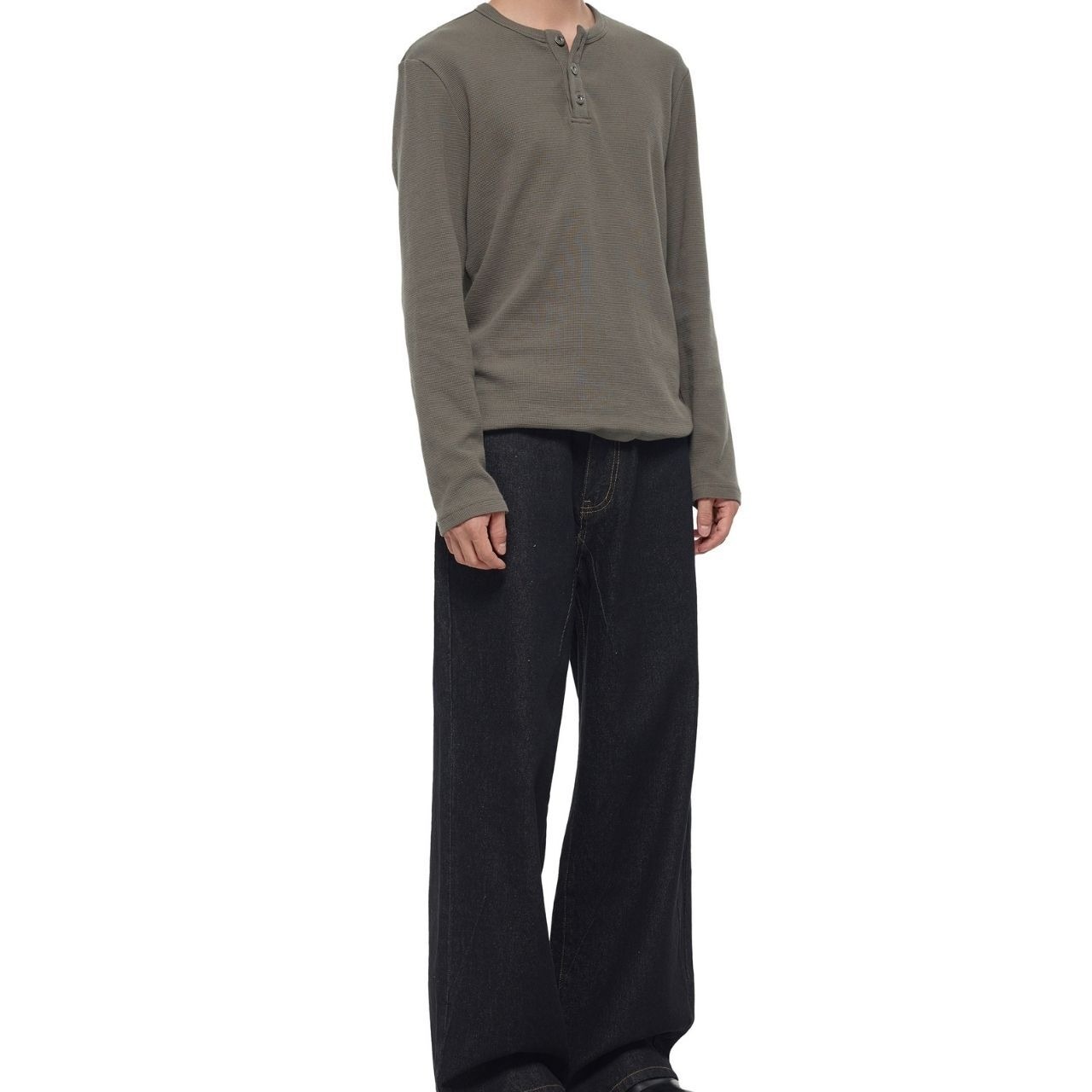 ワッフルヘンリーネックロングTシャツ　1179