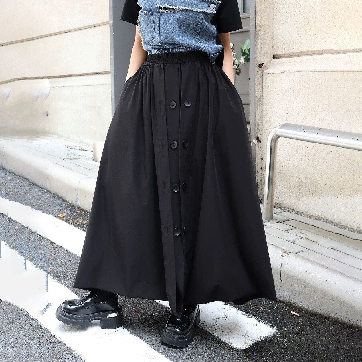 BLACK ELASTIC WAIST A-LINE LONG DESIGN SKIRT 1color M-16225