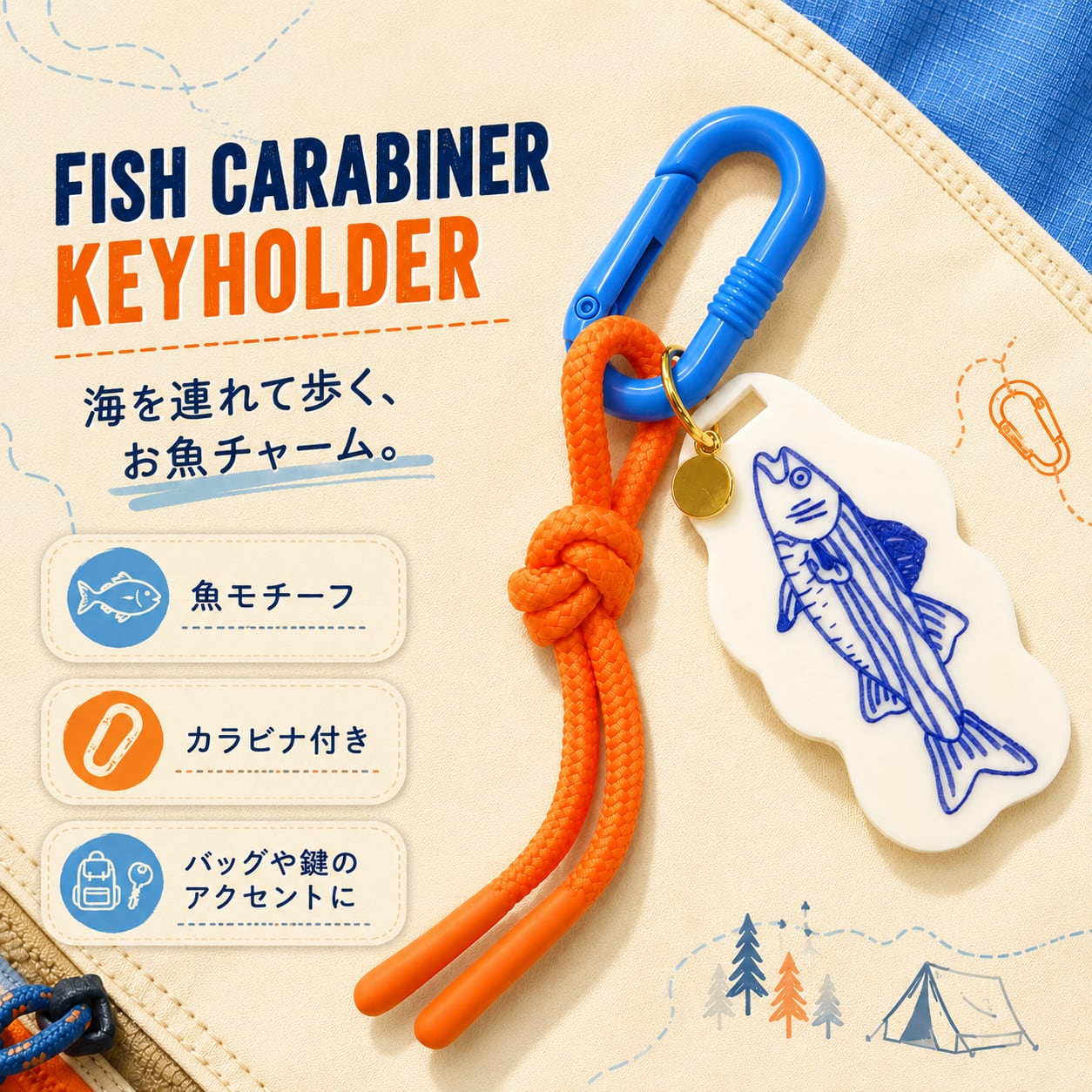 【 お魚カラビナ キーホルダー 】オレンジロープ付き 魚モチーフ マリンチャーム バッグチャーム 鍵 ポーチ リュック アウトドア 釣り 海 夏 小物