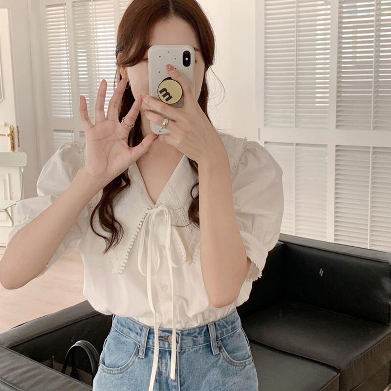 ホワイトカラーシャツ サマースリーブトップス 夏物 試着室30982723036