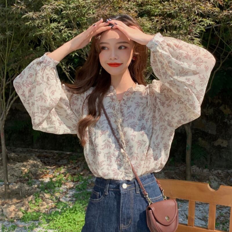 フローラルシフォンシャツ スプリングオータムスタイルVネック ロング 春物 秋物 花柄 1号婦人93258559911