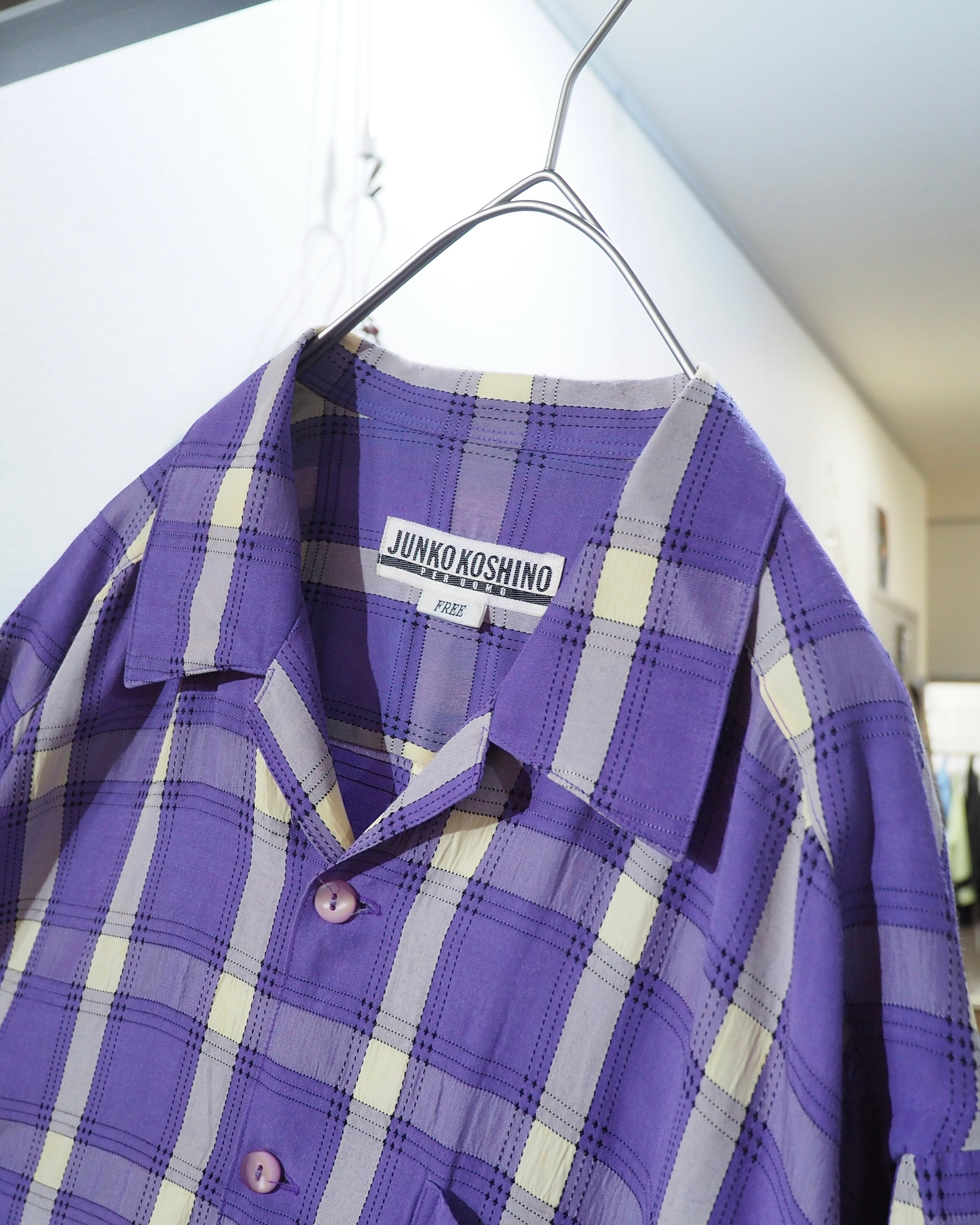 1990s " JUNKO KOSHINO " White Purple Check pattern vintage Open collar SS shirt