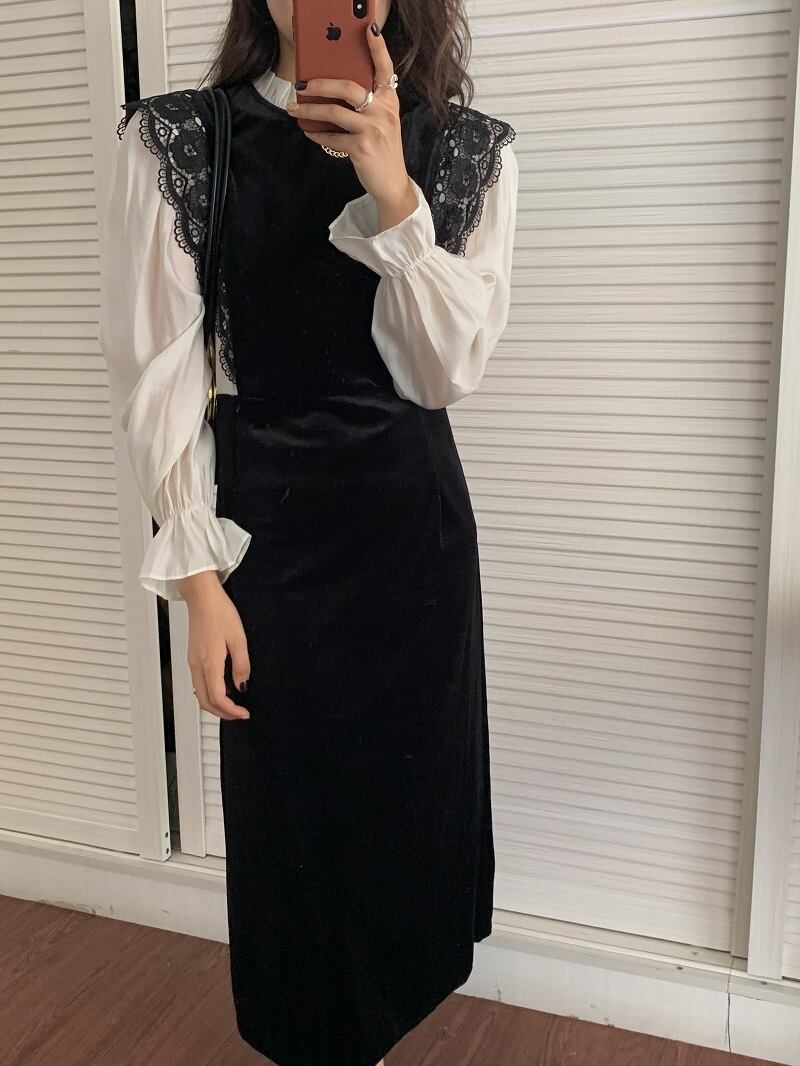 ベルベットドレス オータムスタンダードレースハイウェストウェスト ロング レトロ 秋物 ステッチ ビッグFスモールZ韓国6216134970