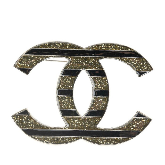 シャネル ココマーク ラメ ボーダー ブローチ シルバー ブラック メタル レディース CHANEL 【中古】