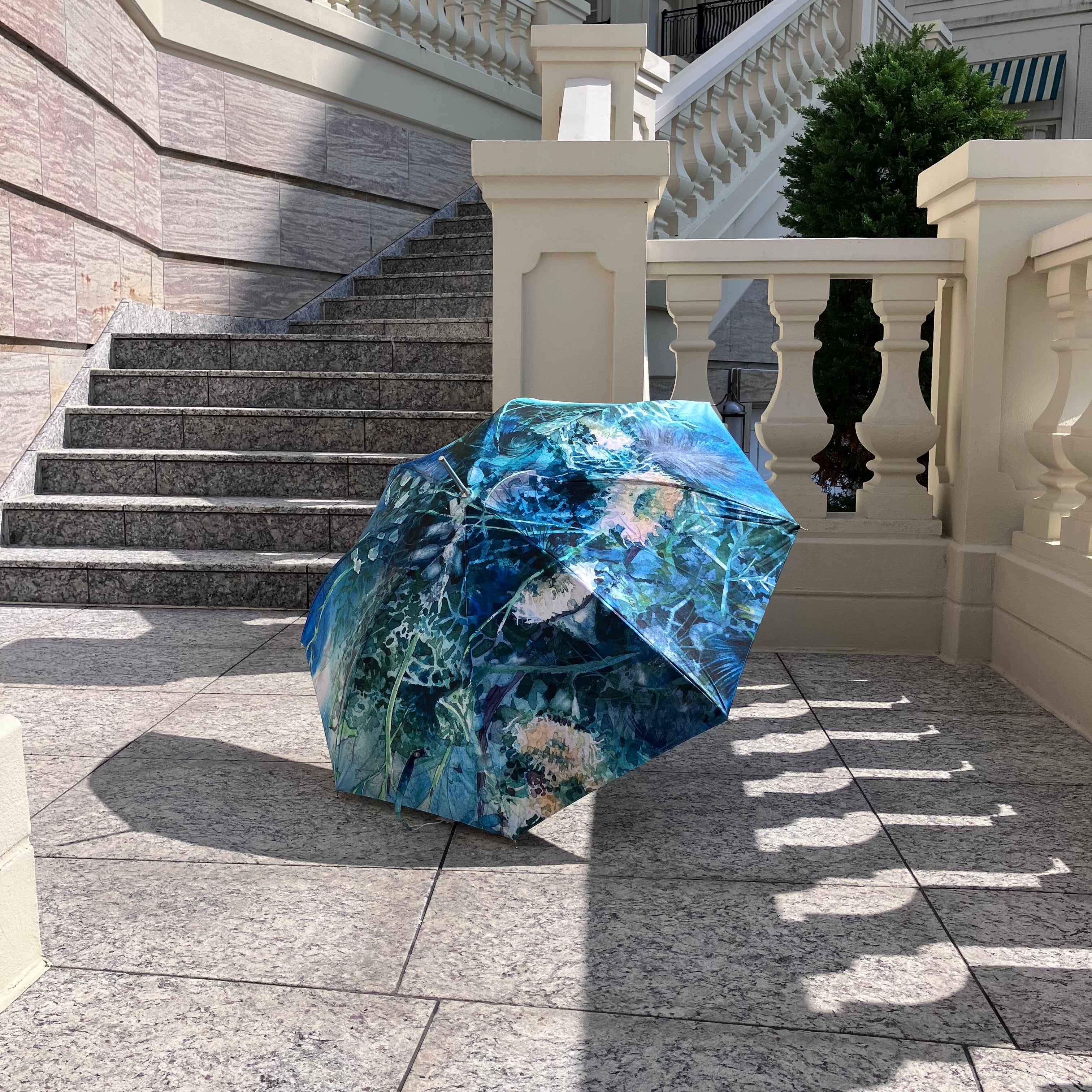 1本即日発送可！　晴雨兼用傘　ターコイズボタニカル　革巻きハンドル