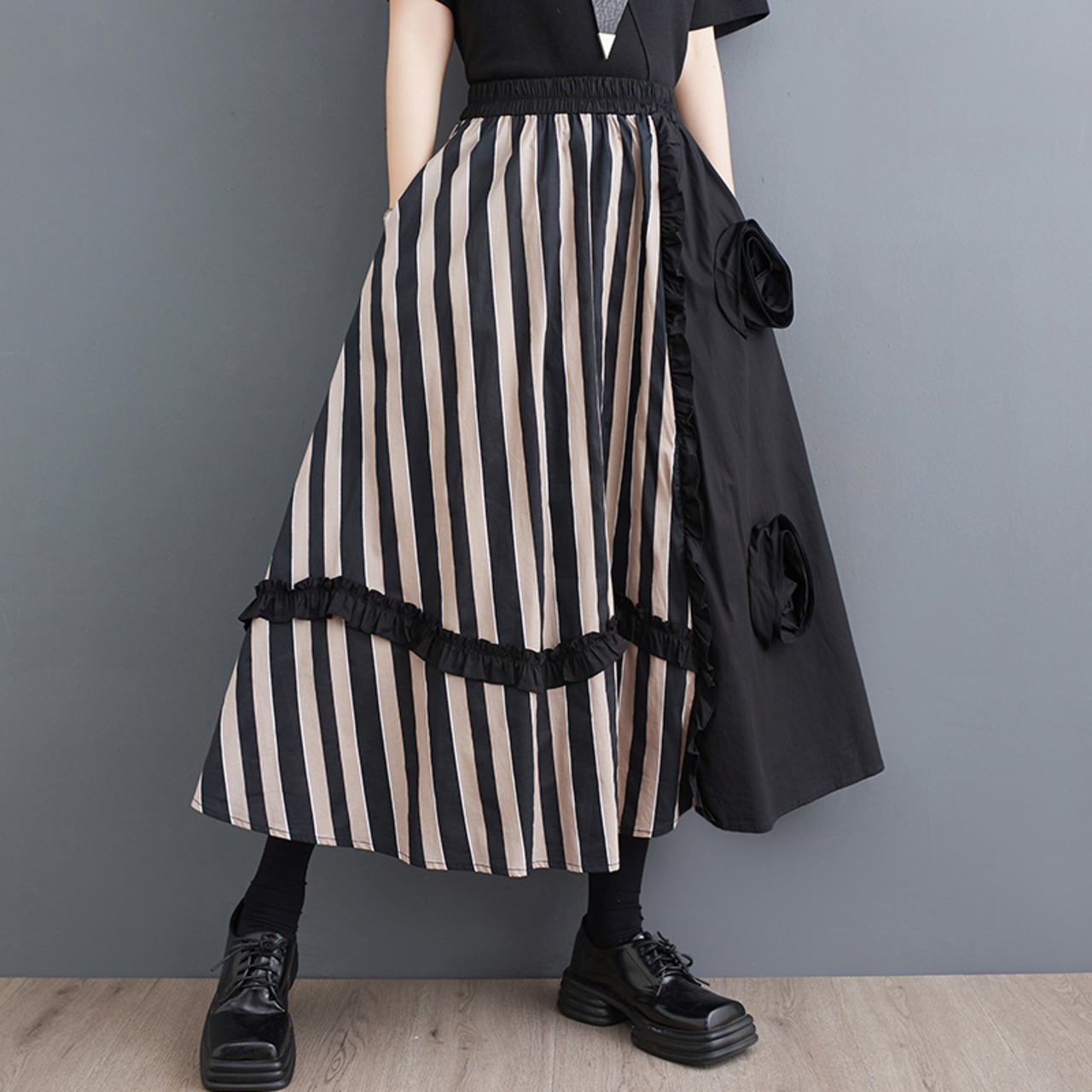 Patchwork Striped Flower Skirt / パッチワーク ストライプ フラワー スカート