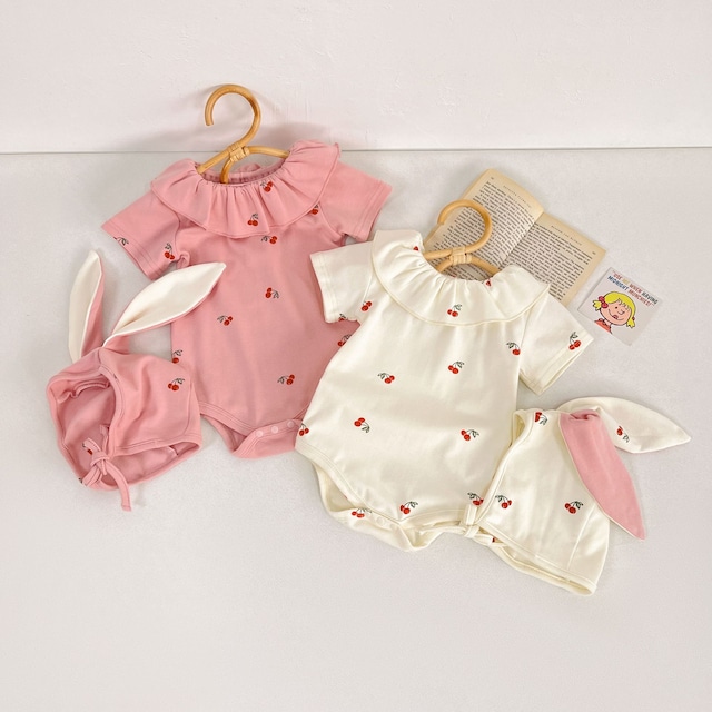 【BABY】チェリー柄ロンパース＆帽子