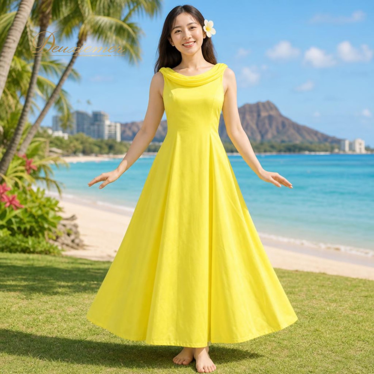 フラダンス 衣装 ALOHA STANDARDS アロハスタンダード ワンピース ドレス イエロー系 黄 サテン生地 光沢感 無地 シンプル チュール リボン ハワイアン アロハ フラ ダンス レッスン 練習 フレアスカート 華やか 鮮やか かわいい おしゃれ 上品 高級感 明るい