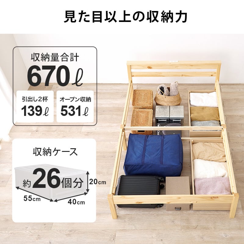 【組立式】耐荷重200kg 引出し付きセミダブルベッド すのこフレーム ポケットコイルマットレスセット 3色展開 一人暮らし ワンルーム 幅123cm