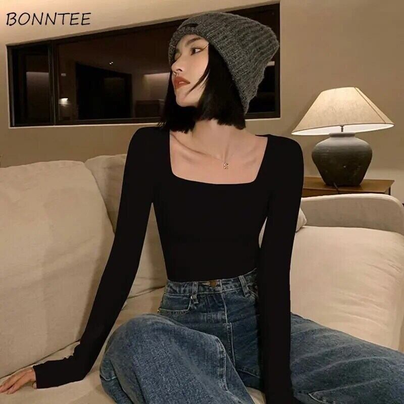 【新作】【送料無料】 M-4XL Tシャツ女性スクエアカラーセクシーなスリム韓国スタイルレディース気質春インソリッドオールマッチファッションクラシックカジュアル 0292926219604