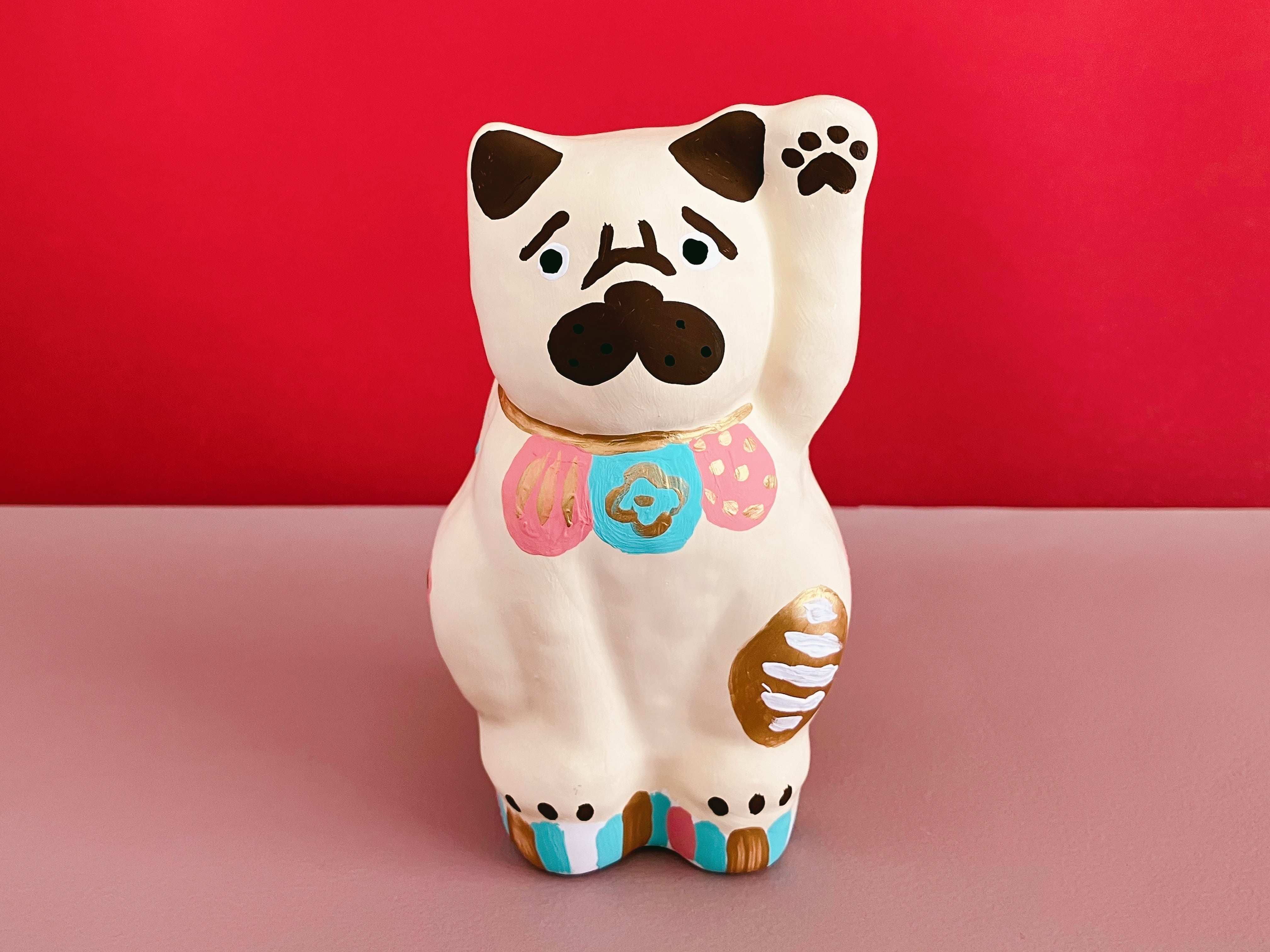 招きパグ「幸福 ピンク×エメラルド」【すぐ発送or予約生産】