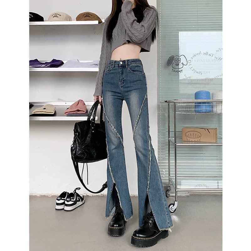 デニムワイドパンツ レディース ボトムス パンツ デニム ワイド スリット フリンジ ハイウエスト ブーツカット カジュアル ストリート系 ギャル 日常 デート お出かけ 10代 20代 春 夏 秋 冬 大人 コーデ コーディネート 韓国 ファッション オルチャン お取り寄せ 送料 ... かっこいい 韓国 シンプル フリンジ デニム パンツ デート