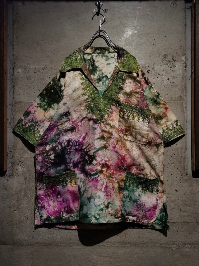【Caka】Beautiful Ethnic Embroidery Tie-Dye Design S/S Skipper Shirt