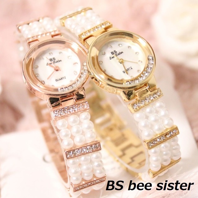 BS bee sister 腕時計 時計 レディース 女性用 ウォッチ セレブ ダイヤモンド 人気 クリスタル ガラスカット アクセサリー ラッピング無料 かわいい おしゃれ シルバー ブレスレット 旅行 イベント カジュアル パールベルト 真珠 1373