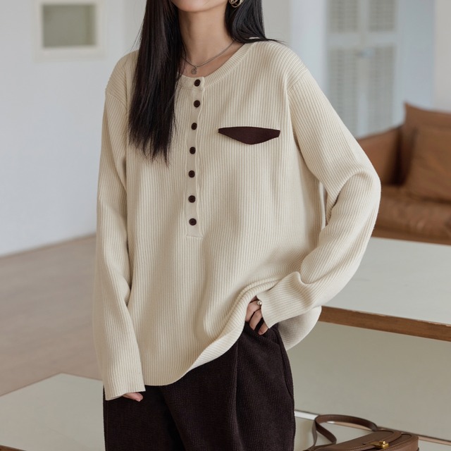 バイカラーポケットハーフボタンリブニットソー(2color)　KT3527