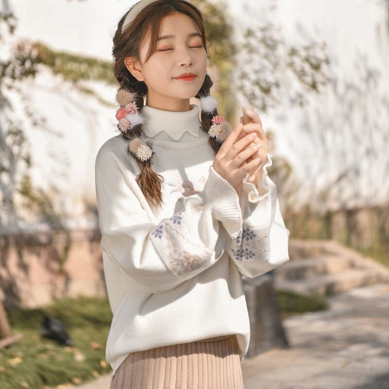 森女部落シリーズ チャイナ風セーター トップス チャイナ服 中華服 S M L ホワイト 白 可愛い Elegant