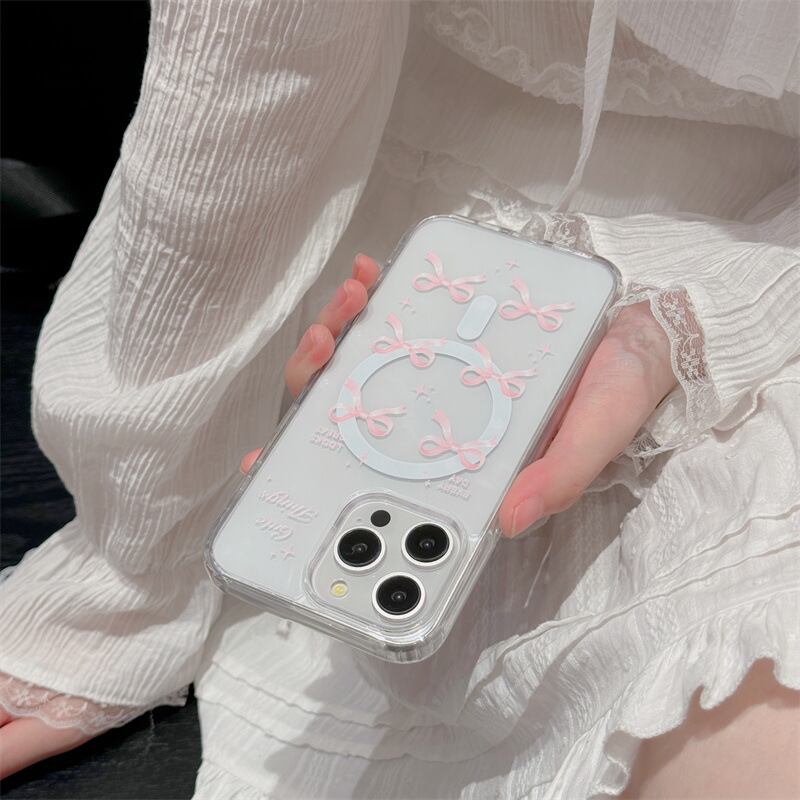 G ra f fペンダント横ケース　リボン付き MagSafe対応】お上品なリボンのクリアケース◎ピンク×シルバーが