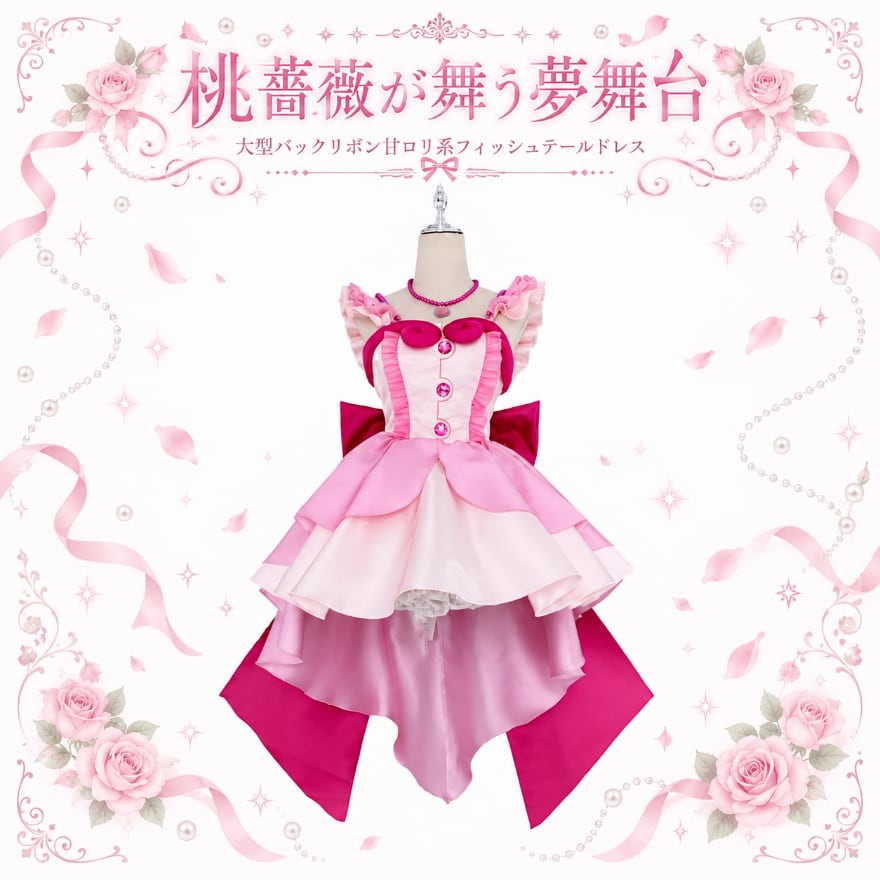 桃薔薇が舞う夢舞台 大型バックリボン甘ロリ系フィッシュテールドレス