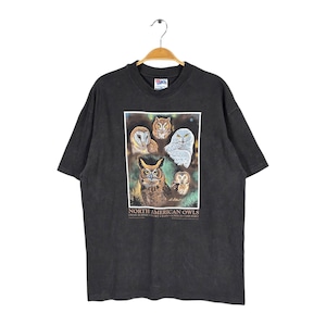 90s フクロウ USA製 ヴィンテージ Tシャツ アニマルプリント ブラック シングステッチ ヘインズ HANES BEEFY-T サイズL 古着 BZ0528