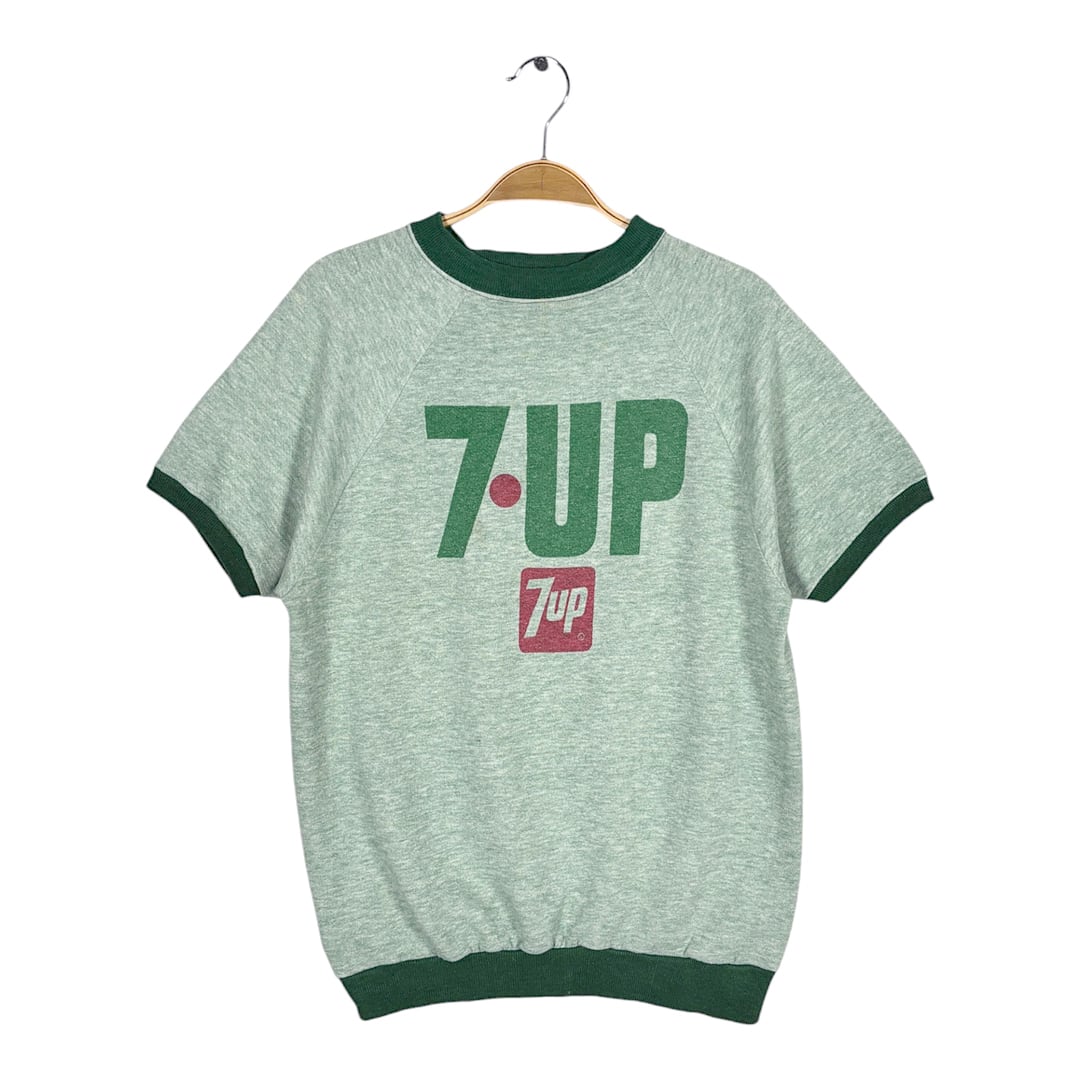 70s セブンアップ 染み込みプリント ヴィンテージ 半袖スウェット 企業系 ノベルティー 7UP サイズM相当 古着 CF1029