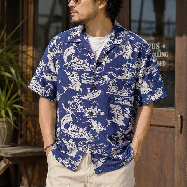 Retro fish and plant motif design Aloha shirt 00572