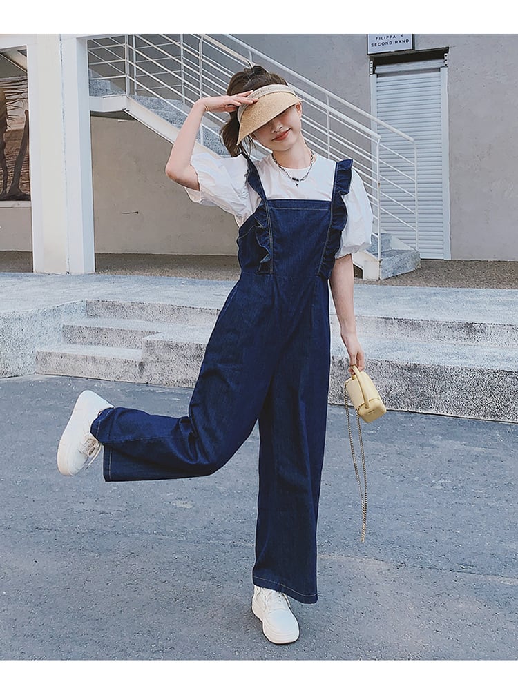 デニムリメイクサイドポケット付きトートバッグ フリル L ブラック