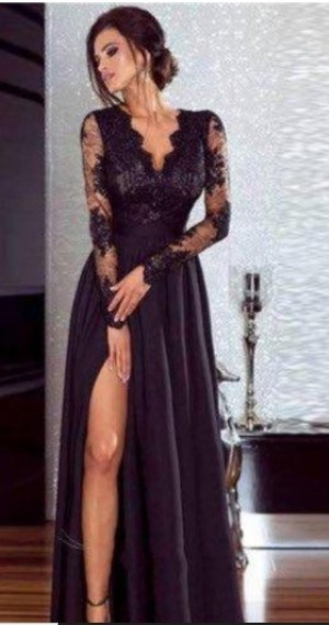 ★送料無料★L(11号)★スリット入り異素材の長袖ドレス(OPN2252）