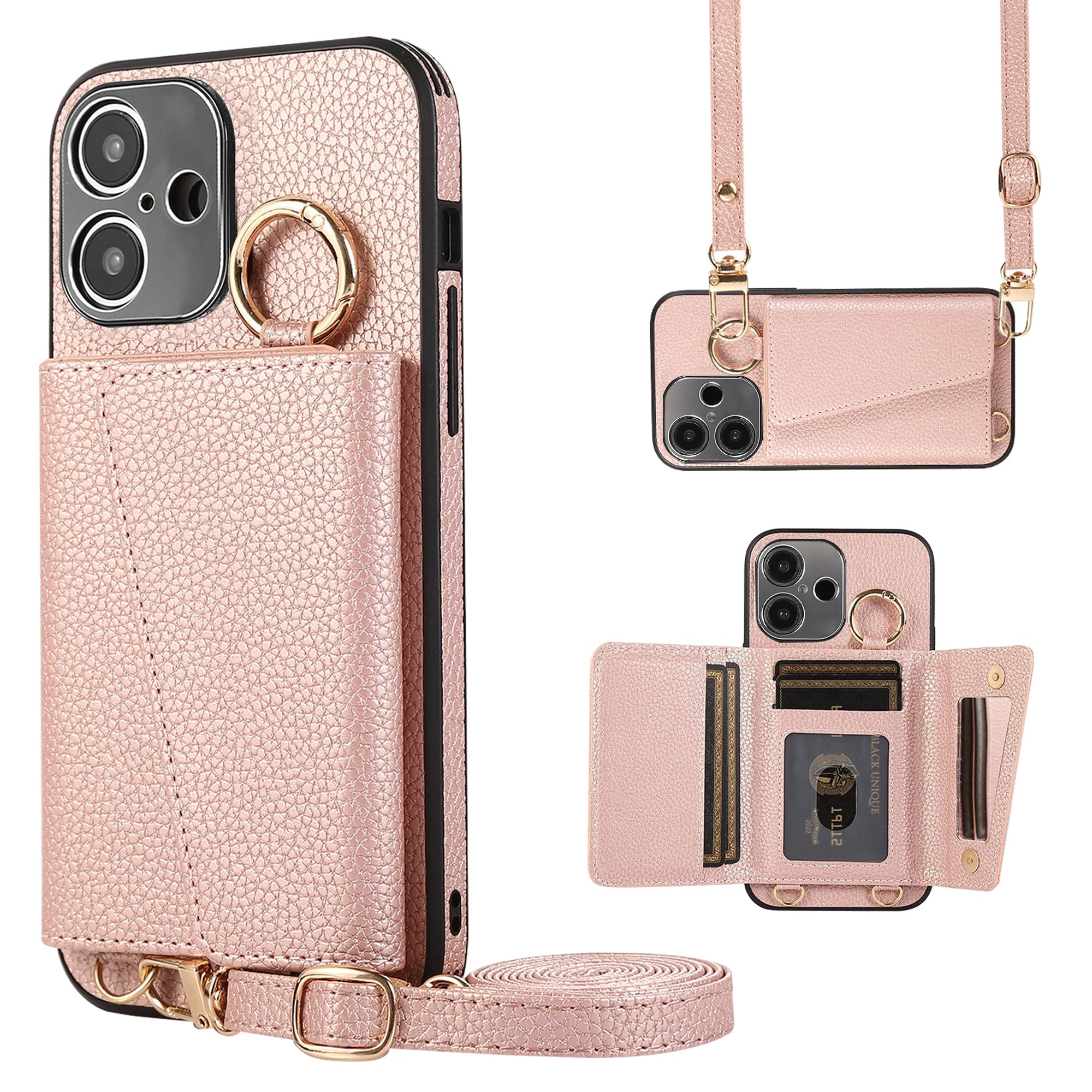 TENSIK iPhone 16 用 ケース 手帳型 ショルダー PUレザー 鏡付き ピンク