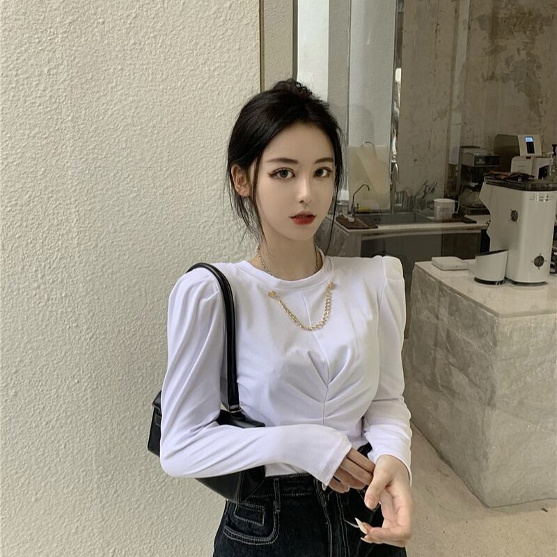 センスプリーツ無地長袖Tシャツレディース2020年秋新作オールマッチボトミングシャツスリムトップインタイド ドラファッションホール85849871106