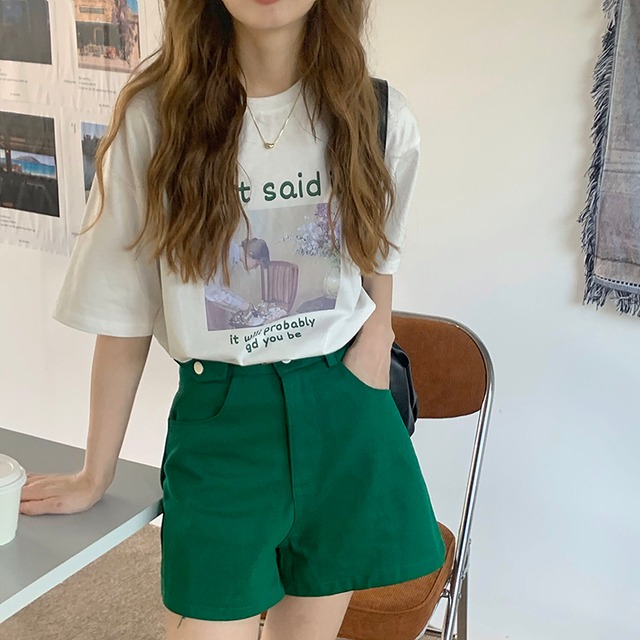 スタンダードプリントTシャツ トップス ハイウェストショーツ レトロ ブルマー kumikum25505106327