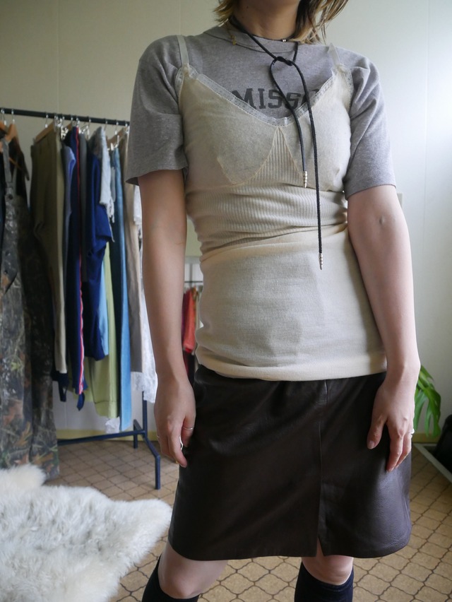 80s-90s Real Leather Tight Skirt / Dark Brown