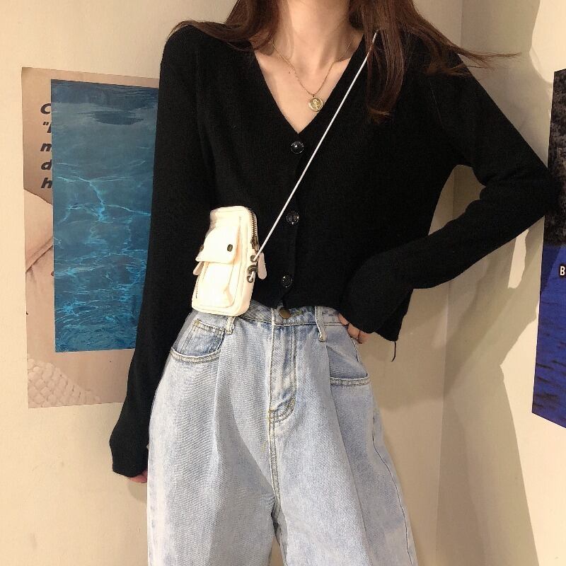 スプリングVネックブラックショートトップス 薄手カーディガンジャケット セーター ロング 春物 試着室77028573018