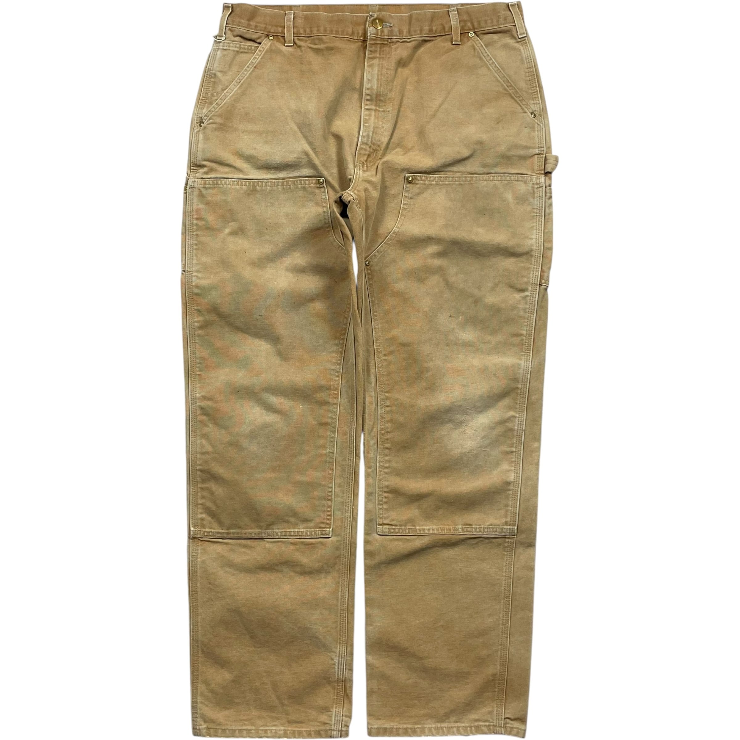《実寸 W38 L32》 Carhartt カーハート ペインターパンツ ワークパンツ ダブルニー フェード 裾ダメージ ワンポイントロゴ ブラウン USA製 no.9858