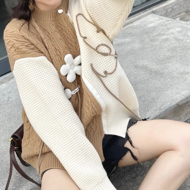 cute girly flower contrast color knit tops 0436