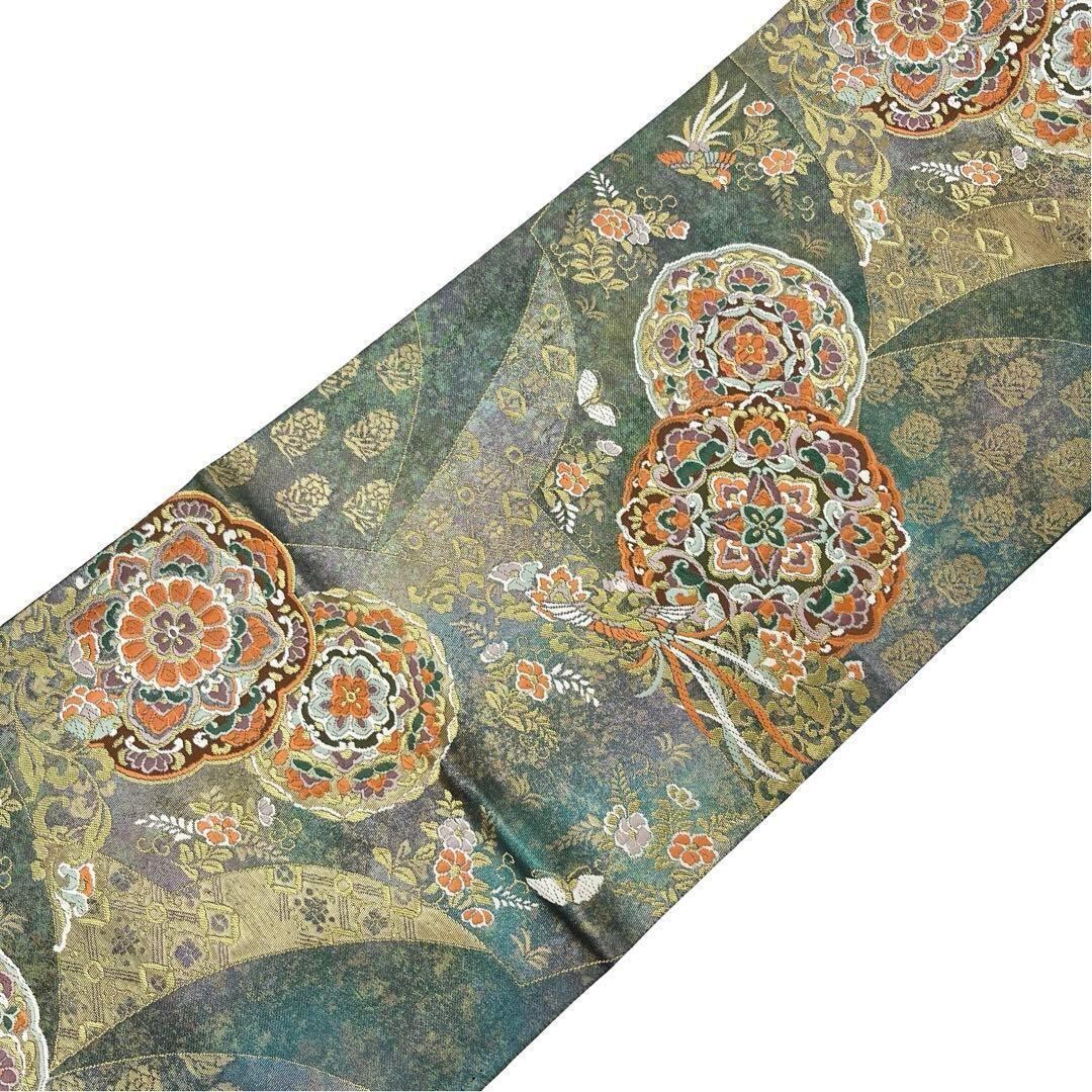 袋帯 地紙唐尊華丸 美しい華柄模様 鳳凰 黒木賊色 O-3812 着物 袋帯 地紙唐尊華丸 美しい華柄模様 鳳凰 黒木賊色 O-3812 着物