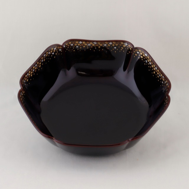 1734　輪島塗　六稜鉢／脱乾漆／溜塗／小華沈金