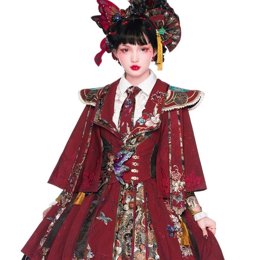 深紅の余韻を重ねる 中華ロリータケープ 蝶と花の刺繍入り イベント・撮影会衣装|WithU