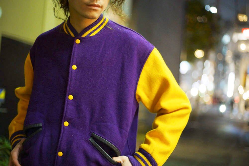 BG49　パープル＆イエロー　　フルデコ・スタジャン　袖・牛皮　レディース・XS Kandel Varsity Jacket] Vintage Stajan Award Jacket [1970s] Vintage