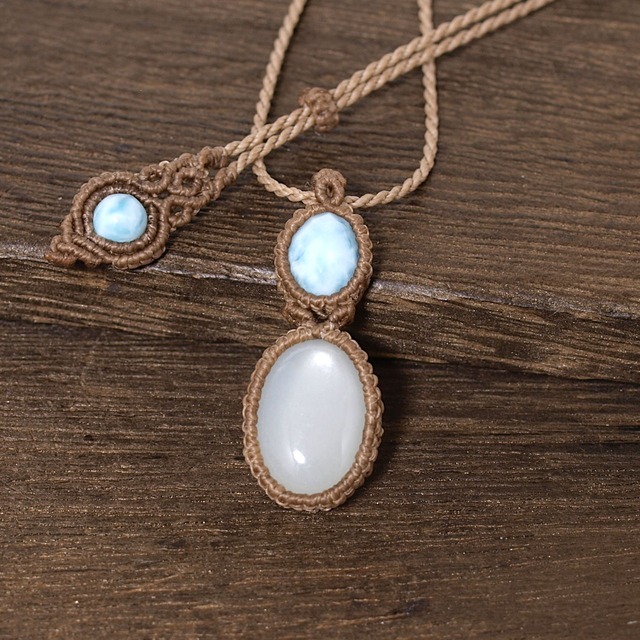 【一点物】ラリマー＋ムーンストーン連結マクラメネックレスNo.4