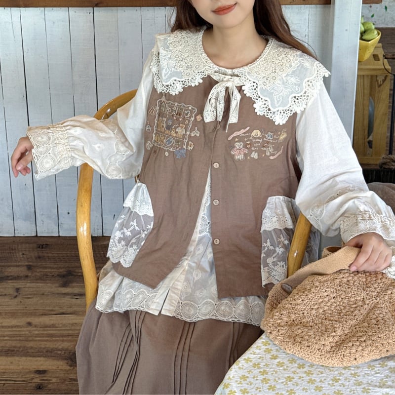 イラスト刺繍レースポケットデザインフロントボタンベスト W2094