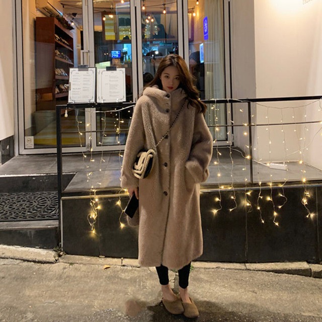 フード＋ポケット付き エコファーロングコート アプリコットベージュ CT00158