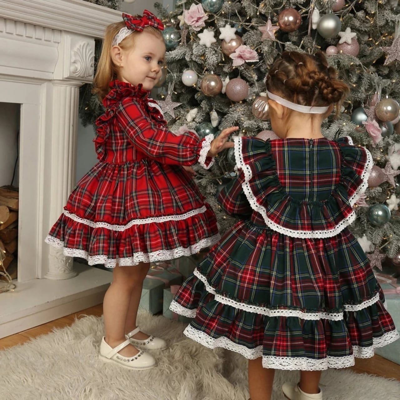 80赤タータンチェックワンピースドレス♥緑色リボン♥クリスマス子供服キッズ女の子