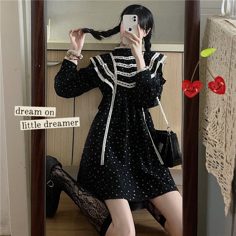 スタンダードレーススタイルフローラルスカート ドレス オータムスリーブ長袖 ロング ランタンスリーブ レトロ 秋物 花柄 ステッチ 萌量不足76837874108